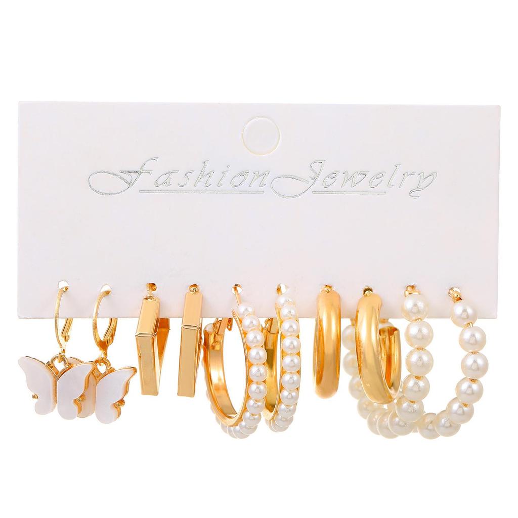 XP17 Women's Retro Geometric Butterfly Pearl Hoop Earrings Set