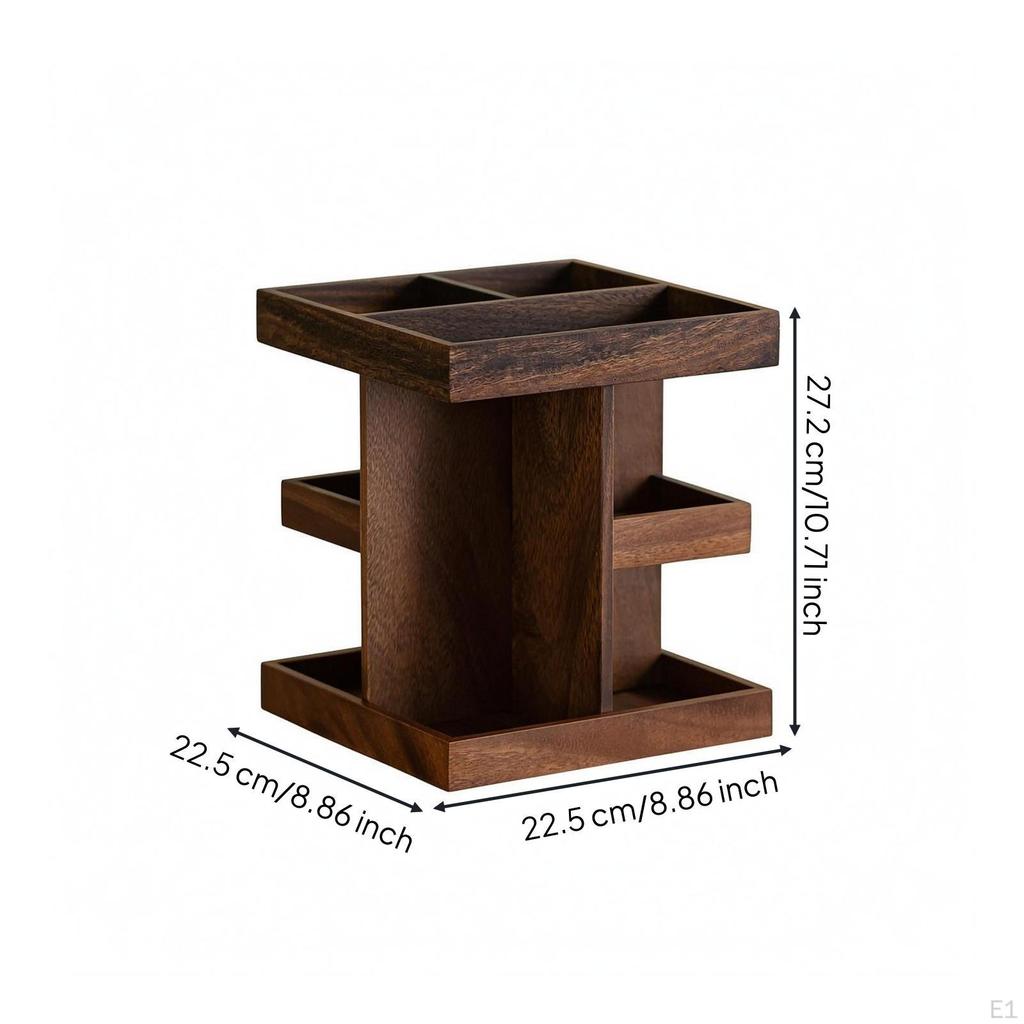 Multi Compartment Storage Rack Dark Brown Rotating Open Top Wood Desk Organizer