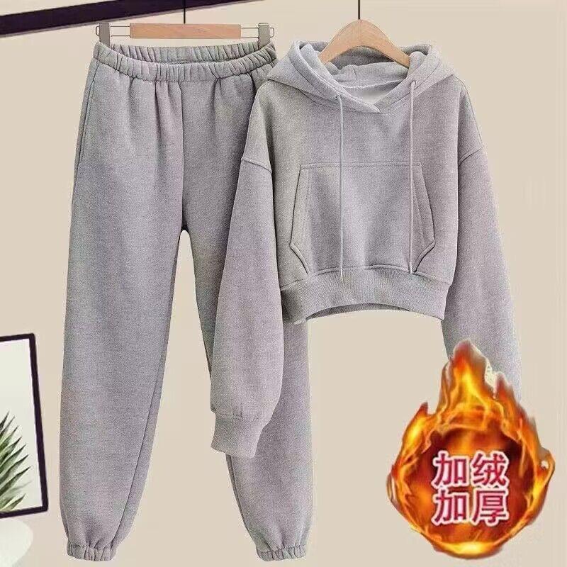 Jesienny i zimowy casualowy garnitur modowy damski polarowy pogrubiony bluza z kapturem spodnie dresowe odzież sportowa zimowy dwuczęściowy zestaw