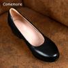 Fashion Comemore 2025 New Real Cow Leather Spring Round Toe Girl Black Work Pumps Shoes for Woman Zapatos Med Square High Heels Women 43