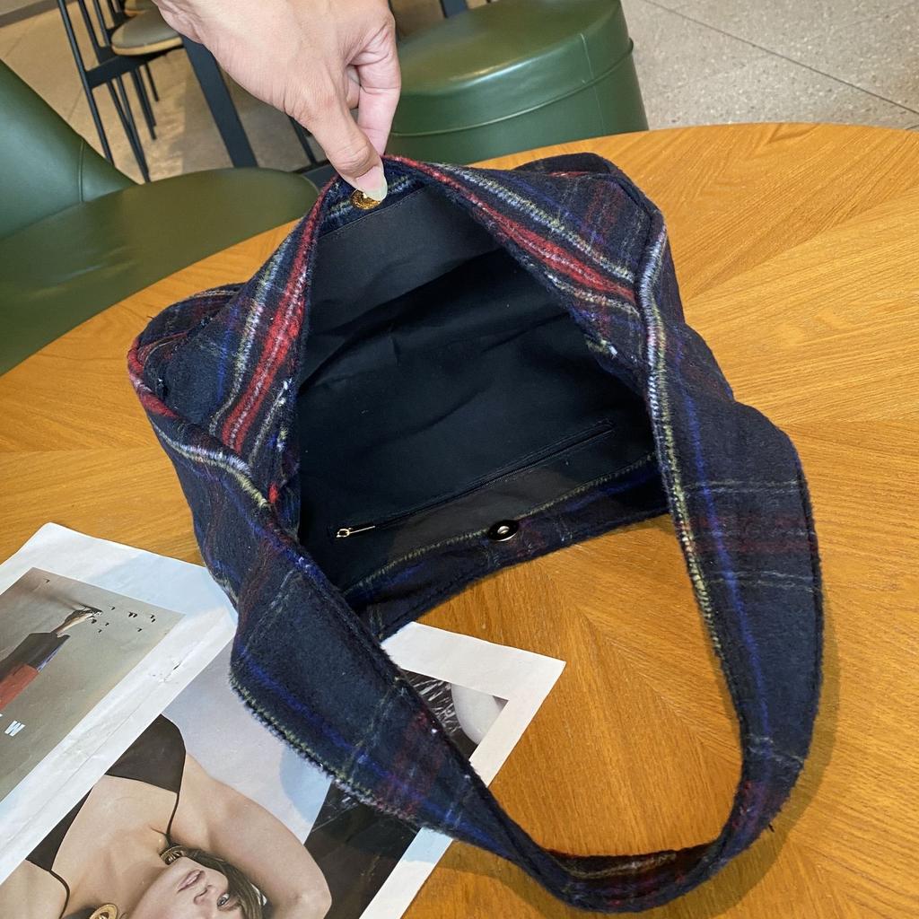 Geantă crossbody versatilă, geantă tote retro din lână cu carouri, geantă de mare capacitate în stil școlar