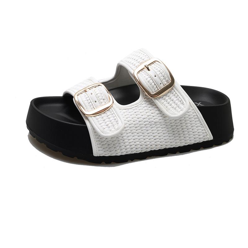 

2025 summer fashion new European and American foreign trade large size fashion belt buckle flat bottom one word cool slippers women wear 35