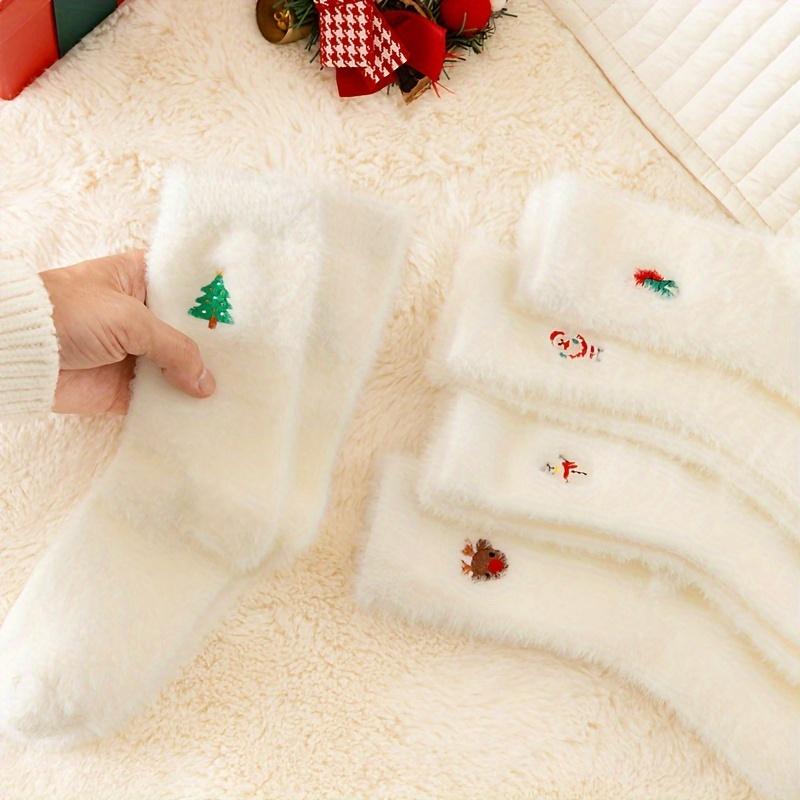 5pcs Cozy White Plush Christmas Socks for Teens Thick & Warm with Festive Designs - Soft Polyester/Spandex Blend Winter Floor