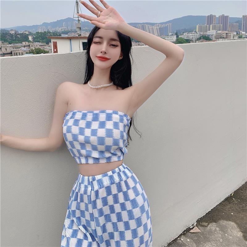 Women's Summer Plaid Two-Piece Suit: Trendy Korean Tube Top with Wide-Leg Trousers