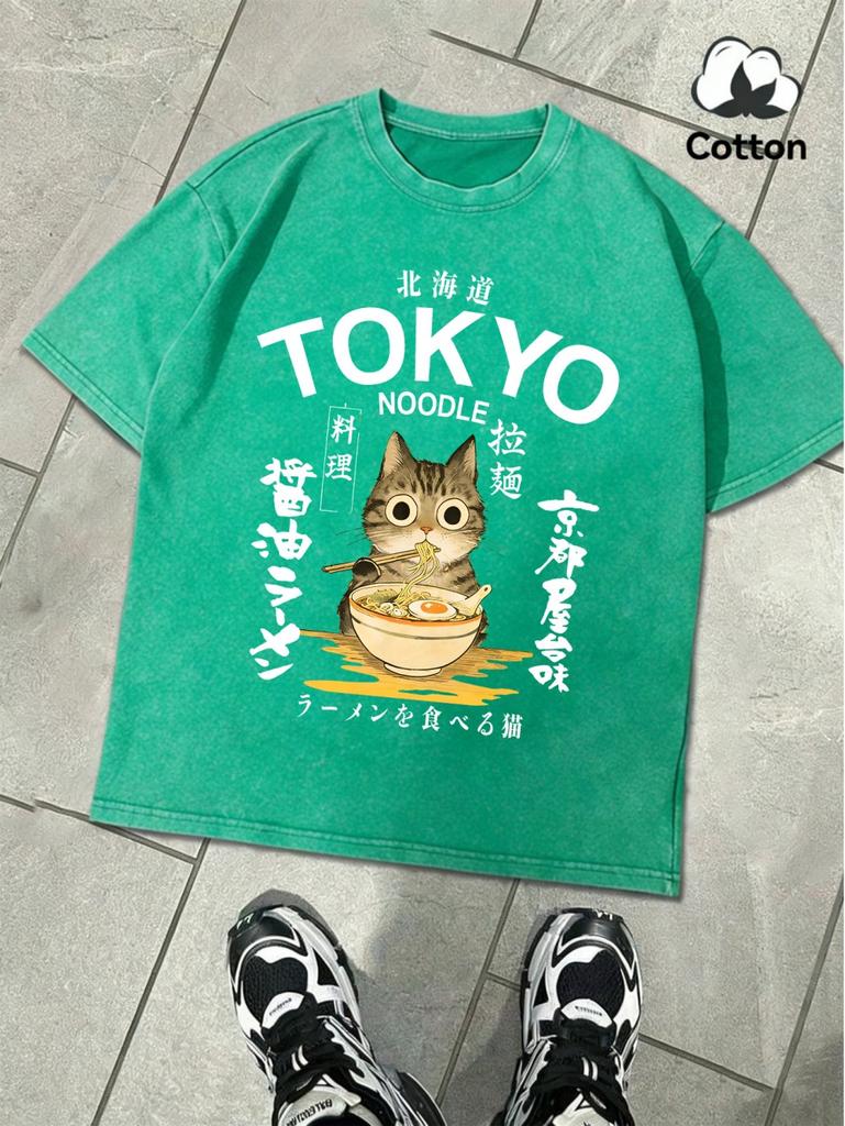 Noodles Cuisine In Tokyo Prints Washed TShirts Mens Oversize Cotton T Shirt Summer ONeck Short Sleeve Tops Basic Male Clothes