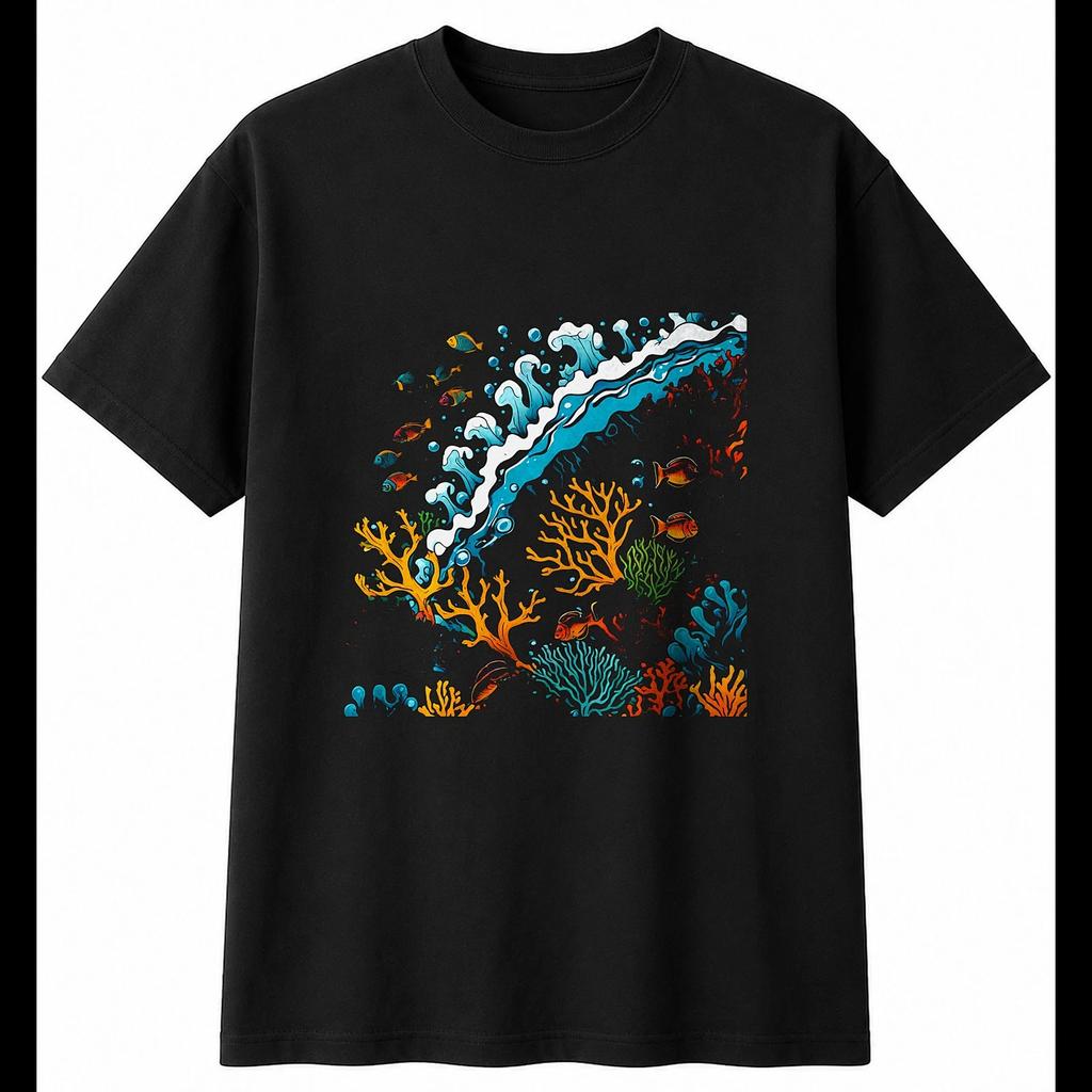 Tattoo Coral Reef in Water Sea Ocean Mens T-Shirt Black 100% Cotton Printed