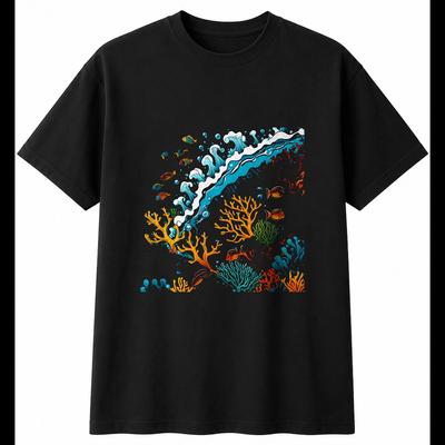 Tattoo Coral Reef In Water Sea Ocean Mens T-Shirt Black 100% Cotton Printed
