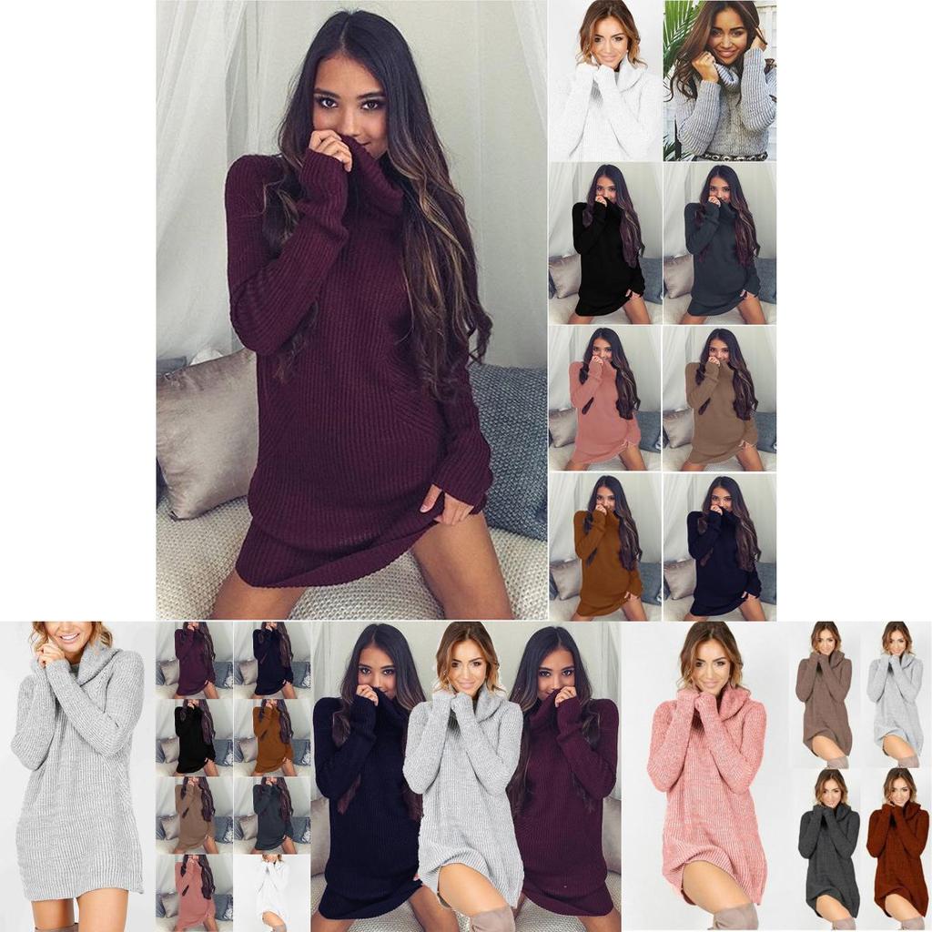 Elegant Women's Warm Knitted Jumper Mini Dress With High Neck Chunky Sweater Top