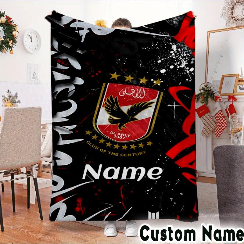 Custom Name Al-Ahly FC Crest Throws Blanket Flannel Blankets for Couch Bed Gifts for Men Women Picnic blanket Christmas fan gifts