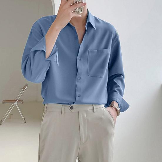 Lapel Long Sleeve Single-breasted Patch Pocket Draped Men Shirt Slim Fit Solid Color Business Dress Shirt Top