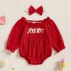 Baby Mädchen Strampler Valentinstag Kleidung Herz Buchstaben Stickerei Langarm Frühling Bodys mit Stirnband