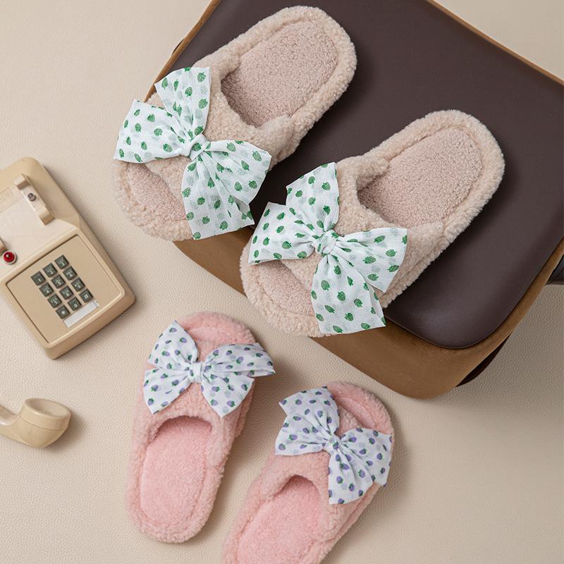 Polka Dot Bow Open Cotton Slippers Ins Fluffy Slippers Less Contrasting Plush Slippers