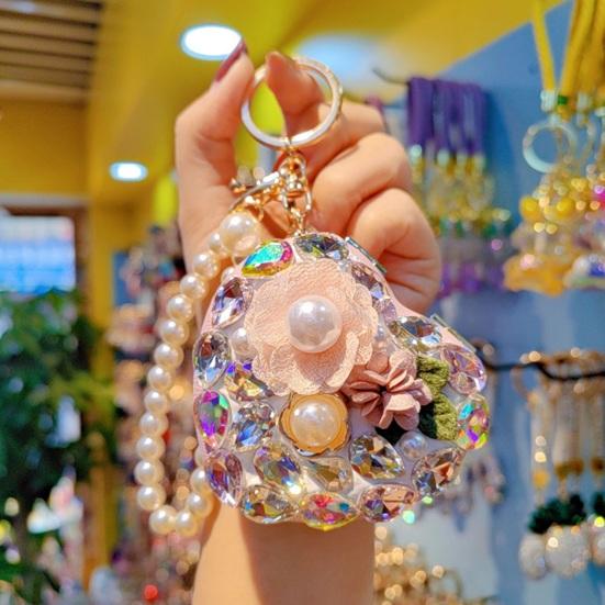 Folding Mirror Keychain Ladies Double-Sided Make-up Mirror with Faux Pearl Chain Rhinestone Mirror Pendant for Travel Touch-ups Bag Accessory