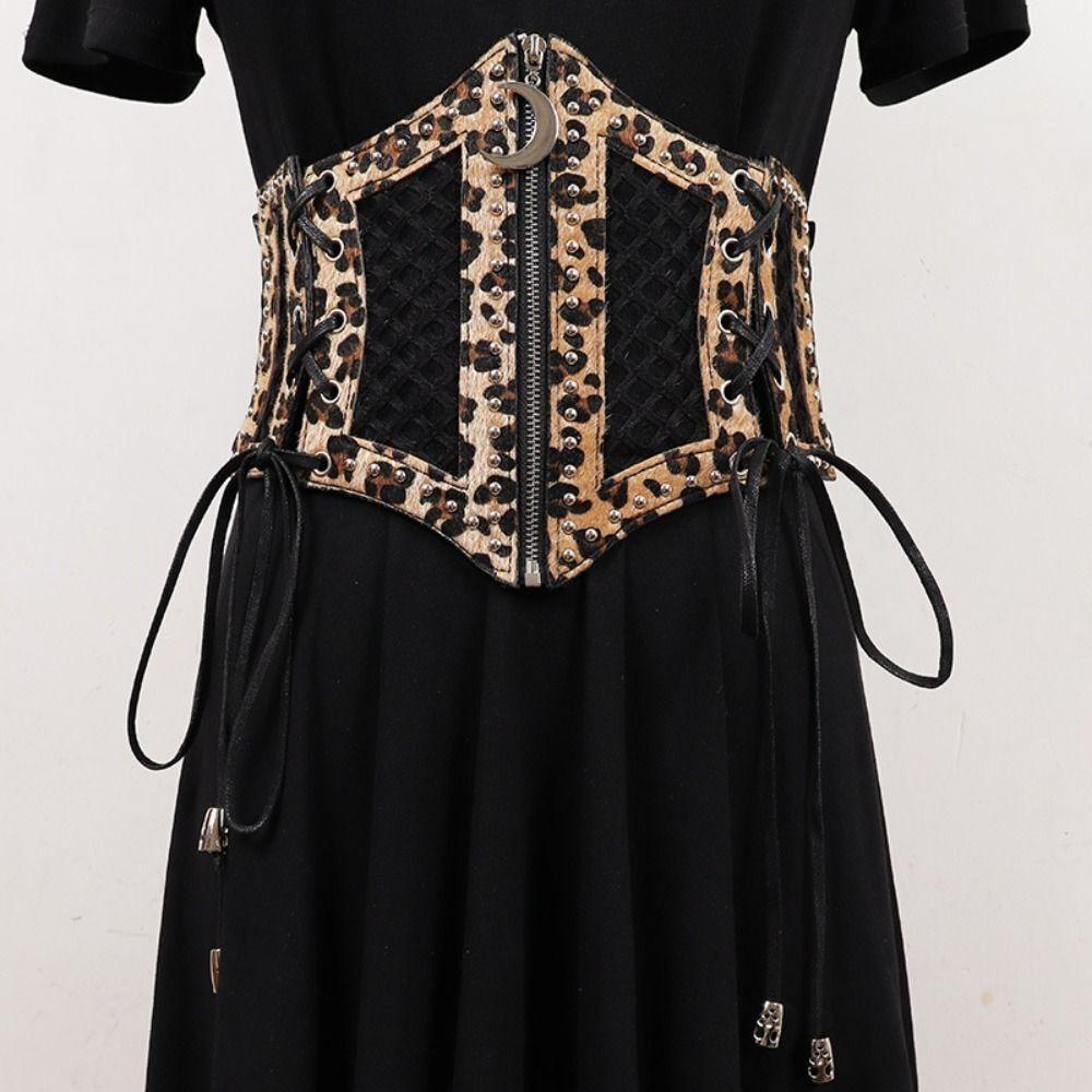 Leopard Print Cummerbund Moon Zipper Pendant Waistband Retro Wide Waist Belt Party Accessory