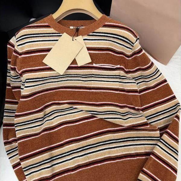 2026 Spring New Striped Knitted Sweater Women s Crew Neck Pullover Versatile Retro Top Loose Long Sleeve Sweater S светло-коричневого