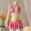 Elegant Floral Color Block Swimsuit Women Triangle Halter High-Waist Bikini Set Cover Up Skirt Micro Bikini Three-Piece