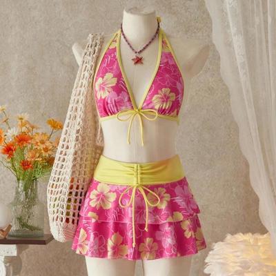 Elegant Floral Color Block Swimsuit Women Triangle Halter High-Waist Bikini Set Cover Up Skirt Micro Bikini Three-Piece