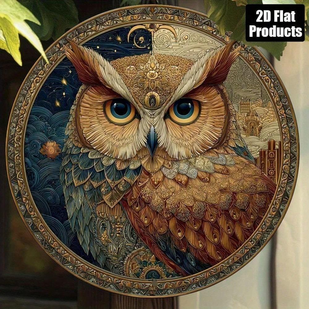 Vintage Owl Metal Wall Art 8x8 Inch, 2D Flat Aluminum Sign with Floral Celestial Design, Durable Indoor Outdoor Decor