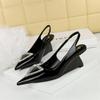 Fashion Wedges Women Shoes High Heel Shallow Pointed Toe Hollow Back Straps Patent Leather Triangle Metal Crystal Buckle Pumps