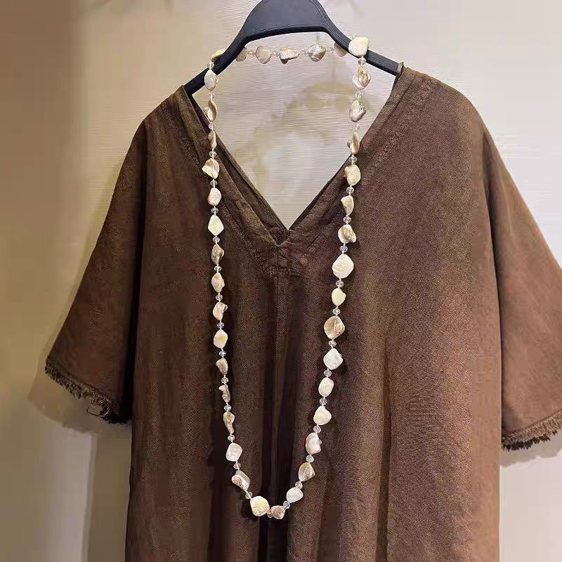 JMXD-Retro Shell Crystal Beaded Long Necklace, Sweater Chain Women's Light Luxury High-end Fashion Temperament Accessories