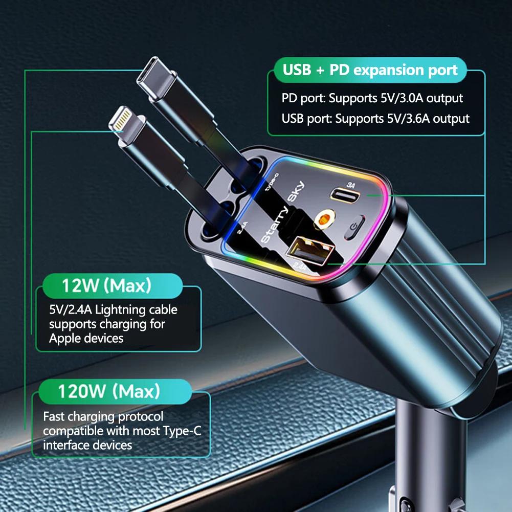 New Starlight Car Charger Adapter 120W Super Fast Car Phone Charger with Dual Retractable Cable USB Type C Cigarette Lighter