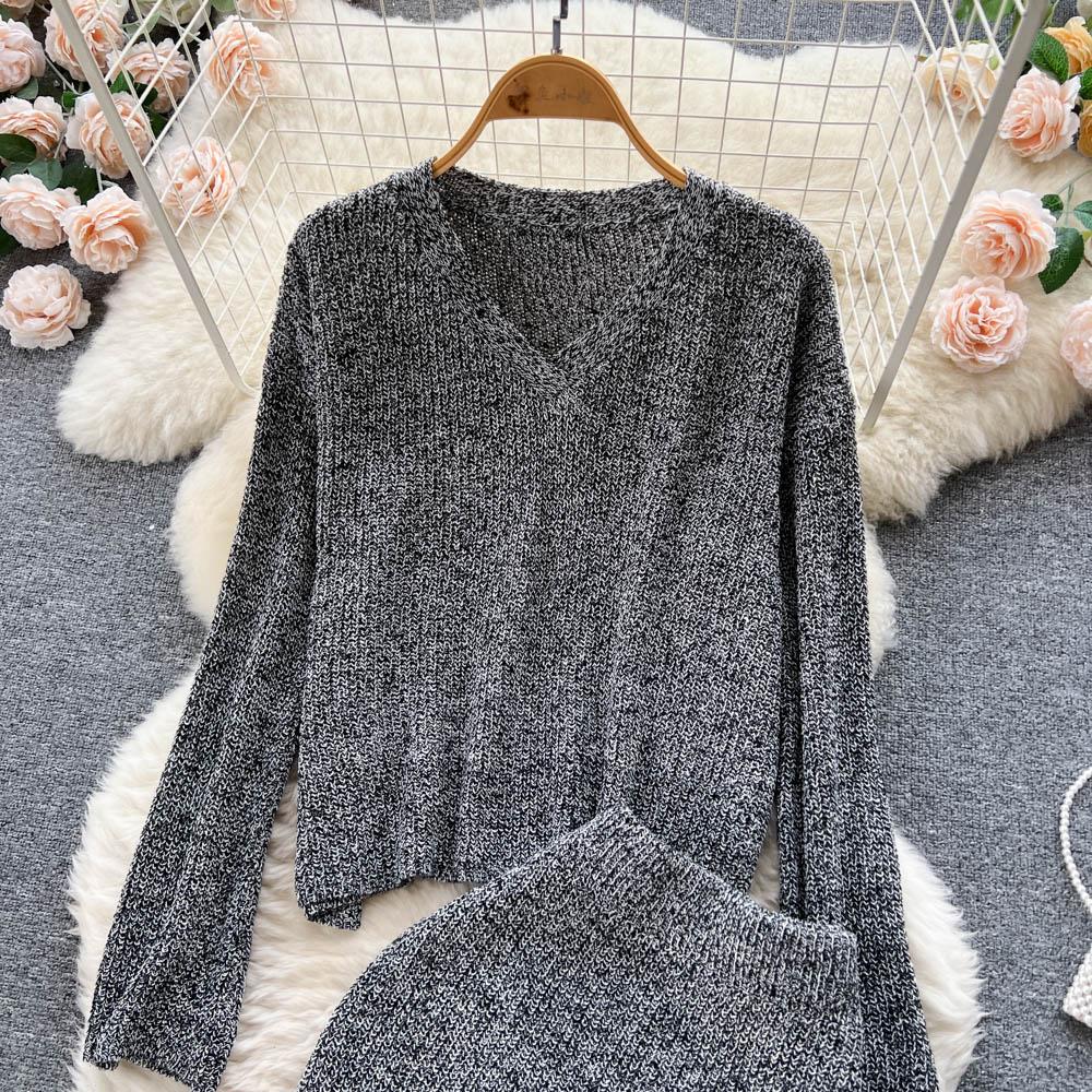 Autumn And Winter Loose V-Neck Knitted Sweater Vintage Pullover Sweater + Mid-Length Half-Body Skirt Two-Piece Set
