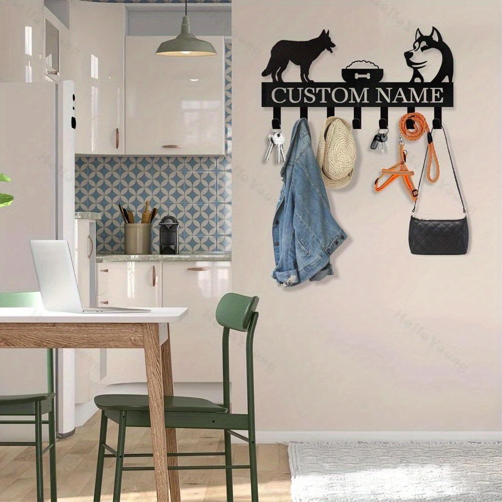 Metal Wall Art Decor, Dog Leash Holder with Hooks, Entryway Organizer, Handmade Tin Painting, Farmhouse Rustic Gift
