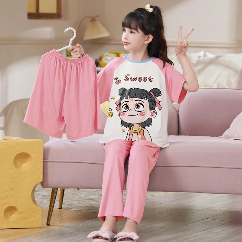 Girls Short Sleeve Modal Pajama Set Lightweight Sleepwear Kids Ages 8 Princess Style Air-Conditioned Nightwear