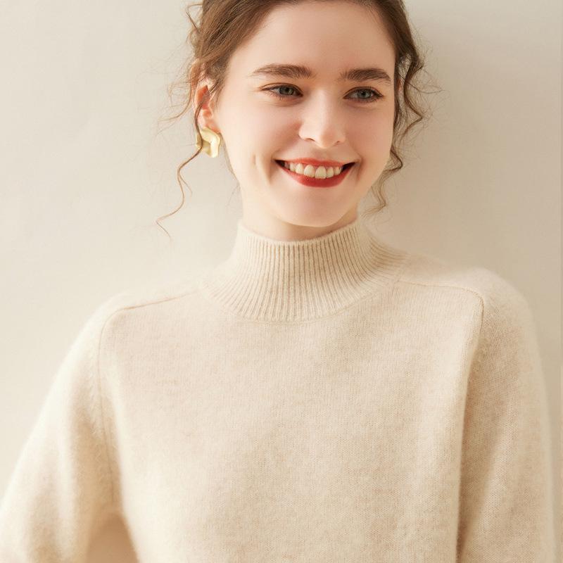 Women's Cashmere Half High-Neck Sweater - Autumn/Winter, Thickened, Solid Color, Loose Saddle Shoulder Knit.