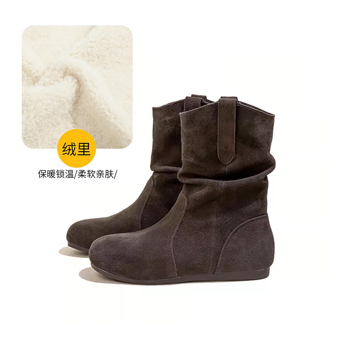 

Cowhide version~ Maillard Korean version of soft-soled pleated short boots for women s autumn and winter 2024 new sleeve Boken stacking boots 40
