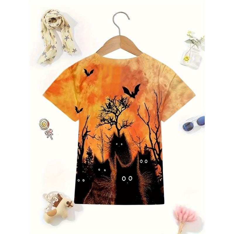 Halloween Schwarze Katzen & Fledermäuse 3D-Druck Lässiges Lockeres Kinder-T-Shirt Rundhalsausschnitt, Leichter Stretch Sommer Strickoberteil
