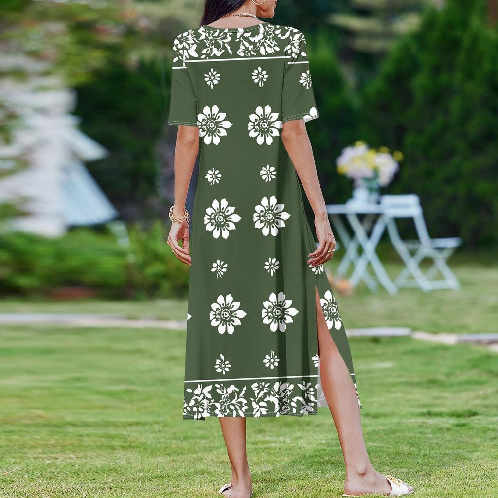 Ladies' Fashionable Summer Retro Color Block Patchwork Printed Dress, Casual Beach Dress, Slender Vacation Dress