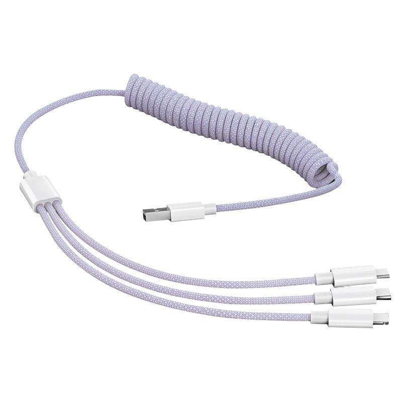 In-Car 3-in-1 Spring-Powered Data Cable Super-Fast Charging Telescopic Multi-Function USB-A//USB-C Cable 1 meter фиолетовый