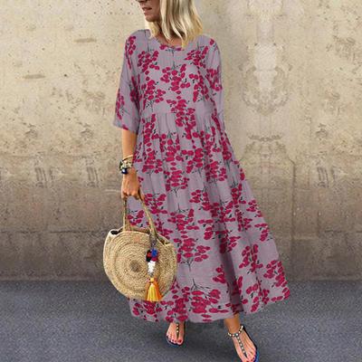 Women Retro Floral Printed Dress Vintage Casual Summer O Neck Half Sleeve Oversized Maxi Long Dresses