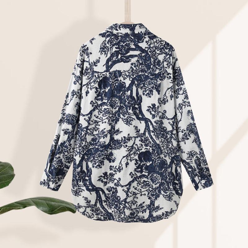 Damen Blumenprint Hemd Stehkragen 3/4 Ärmel Knopfleiste Locker Tunika Top