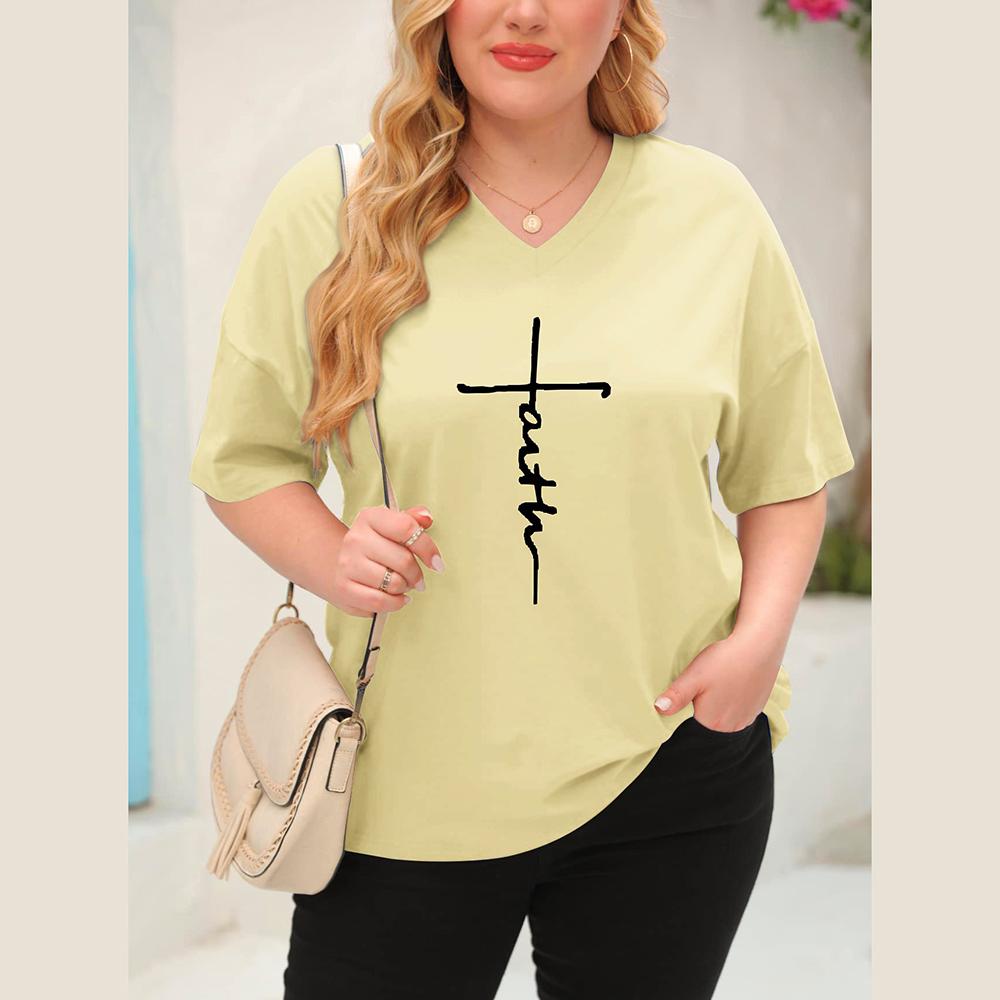 (XL~5XL) Женская однотонная свободная футболка с коротким рукавом с буквенным принтом — фото 6