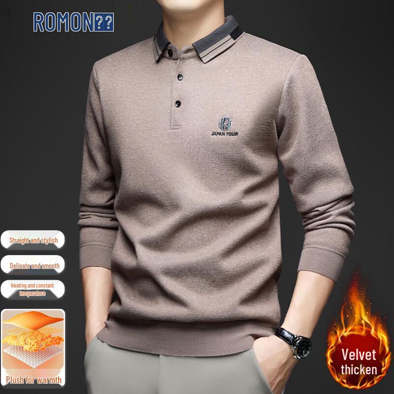 ROMON Men s Fleece Lined Turn-down Collar Long Sleeve T-shirt L