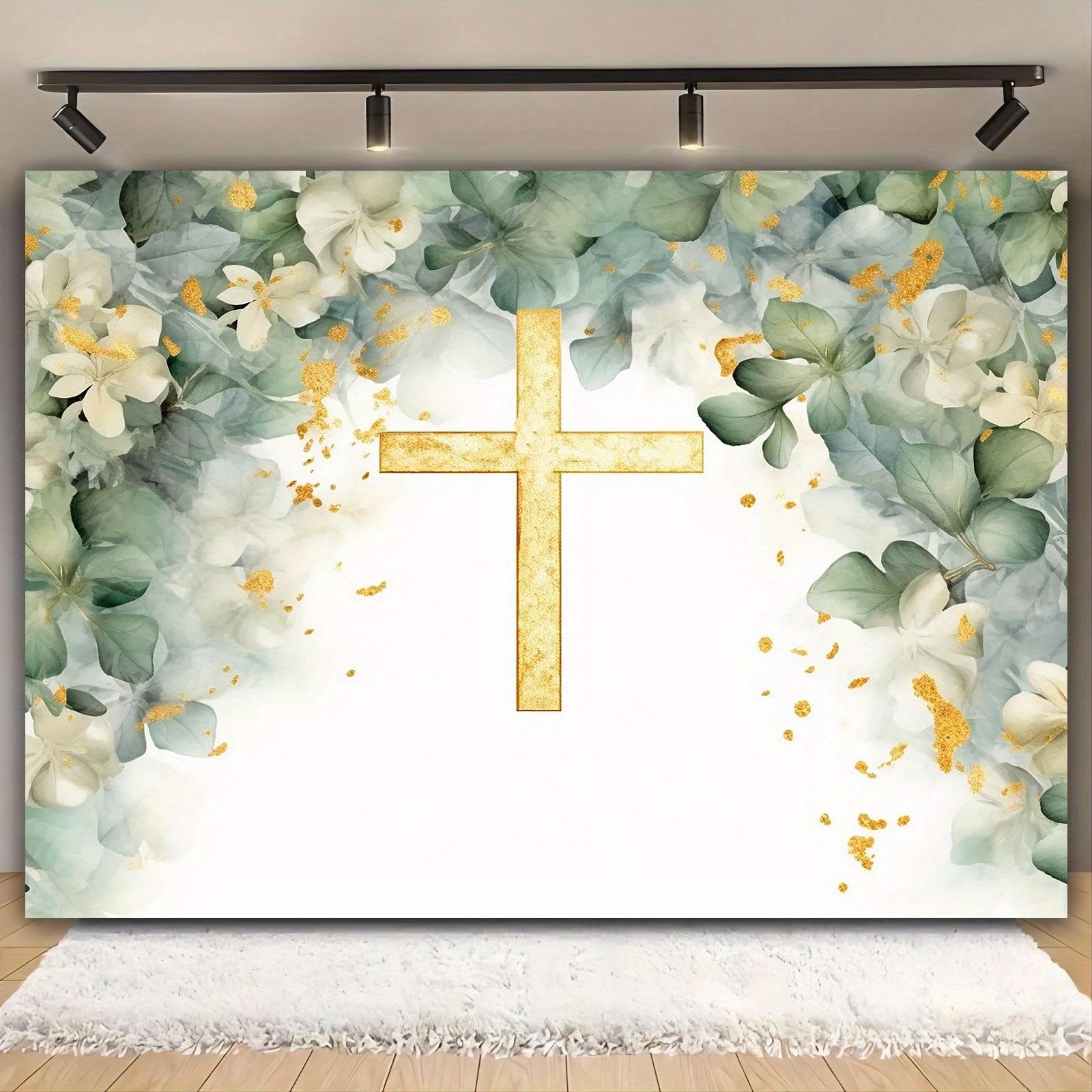 Elegant floral background and golden cross baptism, the first Communion, baptism, special occasion - festival party decoration (as the picture,100x150cm)