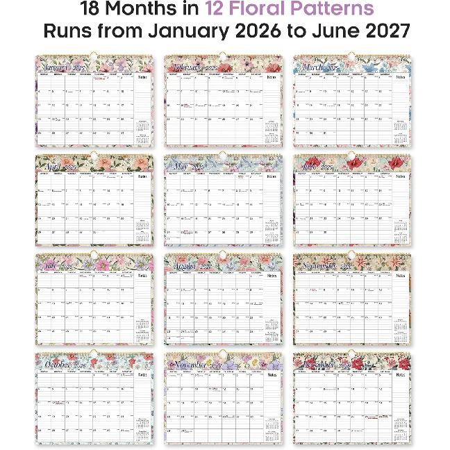 2026 Calendar, 18-Month Wall Calendar from Jan 2026 to Jun 2027, 11.5" x 14.7", Spiral Binding Hanging Monthly Calendar with Twin-Wire Binding,