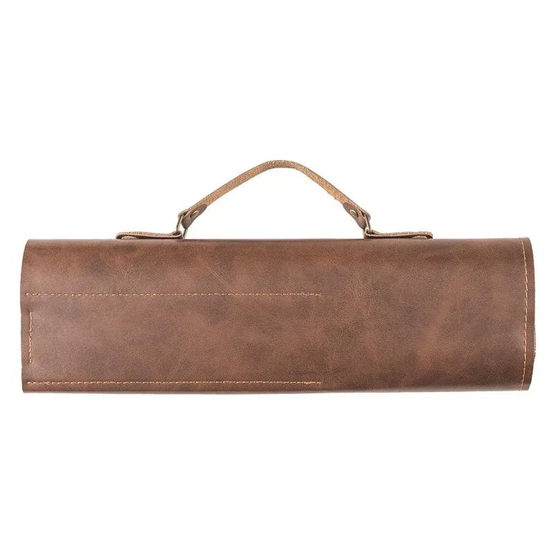 Leather Chef Knife Bag Portable Two-Layer Cowhide Knives Storage Roll Bag Kitchen Camping Cooking Knife Carry Case Pockets Pouch