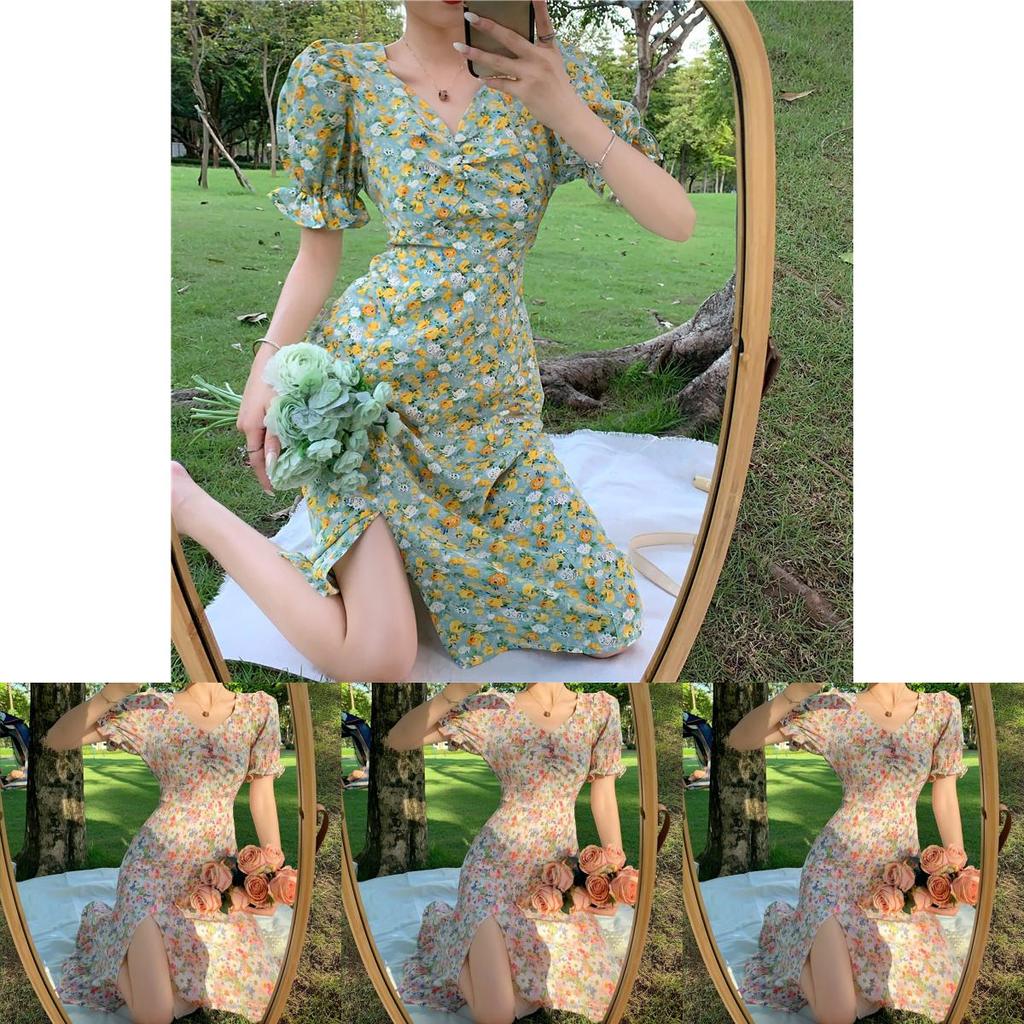 Summer Plus Size Floral Dress With V-neckline And Puff Sleeves Perfect For Any Occasion
