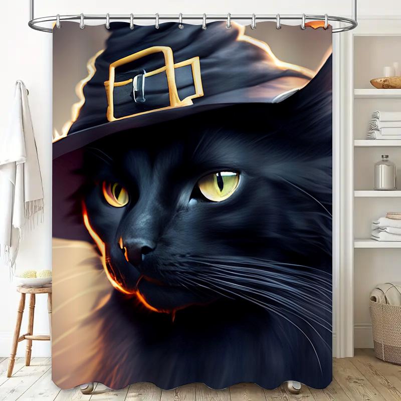 Colorful Halloween Cat Shower Curtain With Witch Hat Design For Bathroom Decoration Black Magic Theme