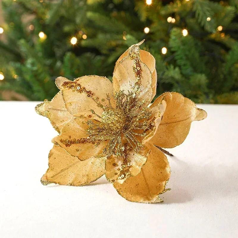 22cm Artificial Flowers Nordic Champagne Christmas Flower New Simulation Pattern Diy Red Multi Layered Christmas Tree Decoration