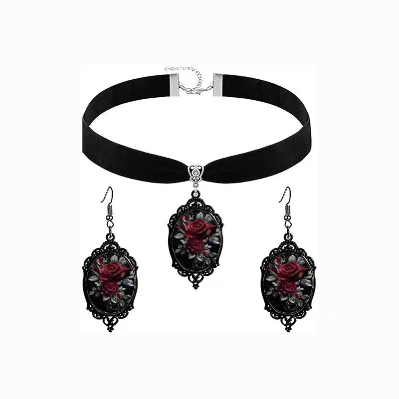 Retro Oil Painting Rose Floral Necklace & Earring Set