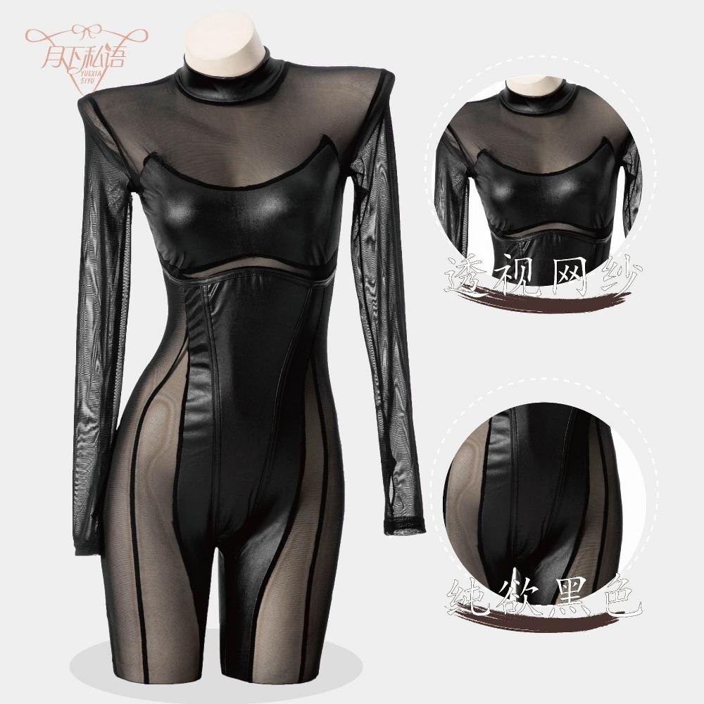 European and American Cosplay Party Women's Clothing Nightclub Models, Splicing Mesh See-through Long-sleeved Sexy Tight Black Onesie