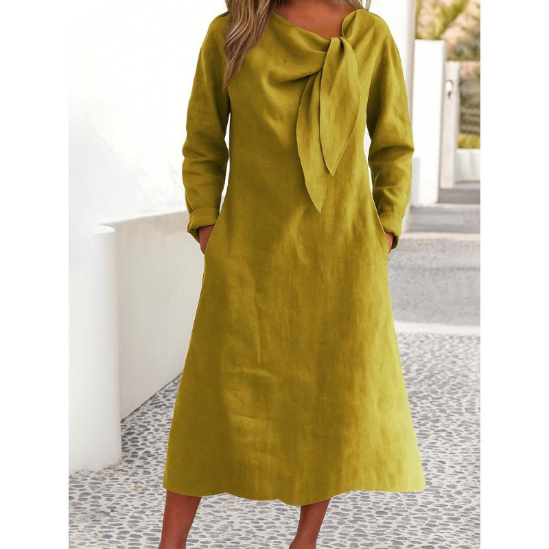 2025 New Women's Casual Round Neck Long Sleeve Pocket Cotton Linen Clean Color Dress Long Skirt