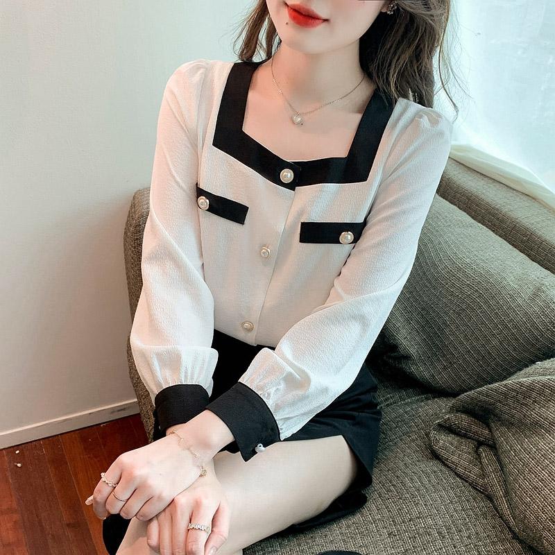 Women Blouses Shirts 2025 Spring Long Sleeve Women Blouse Shirt Square Collar Black White Chiffon Blouse Shirt Women Tops J587
