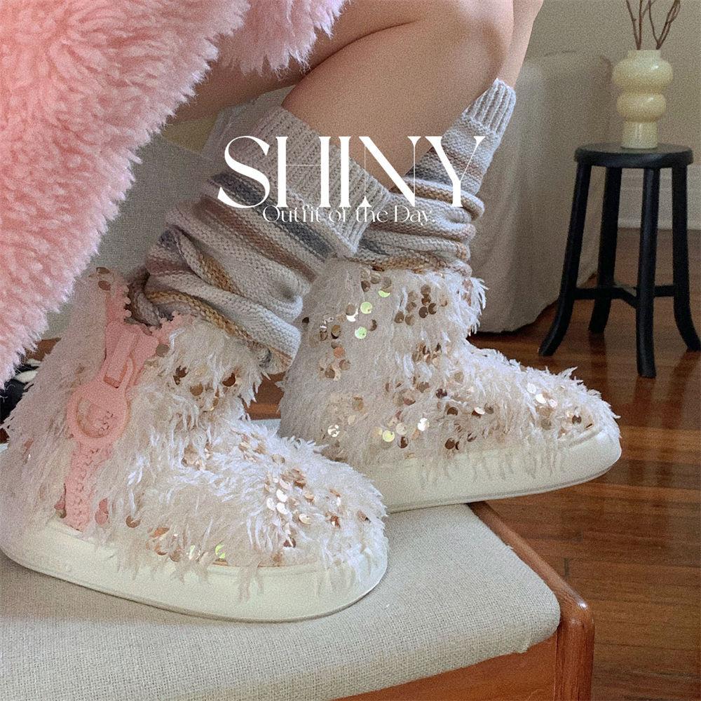 Fashion 2025 Winter Women Luxury Long Plush Warm Snow Boots Casual Shoes New Fur Feather Sequins Designer Ankle Boots Ladies Thick Shoes