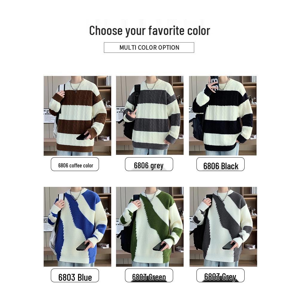Men's Trendy Striped Cable Knit Sweater - Autumn/Winter 2025 Loose Warm Woolen Base Layer.