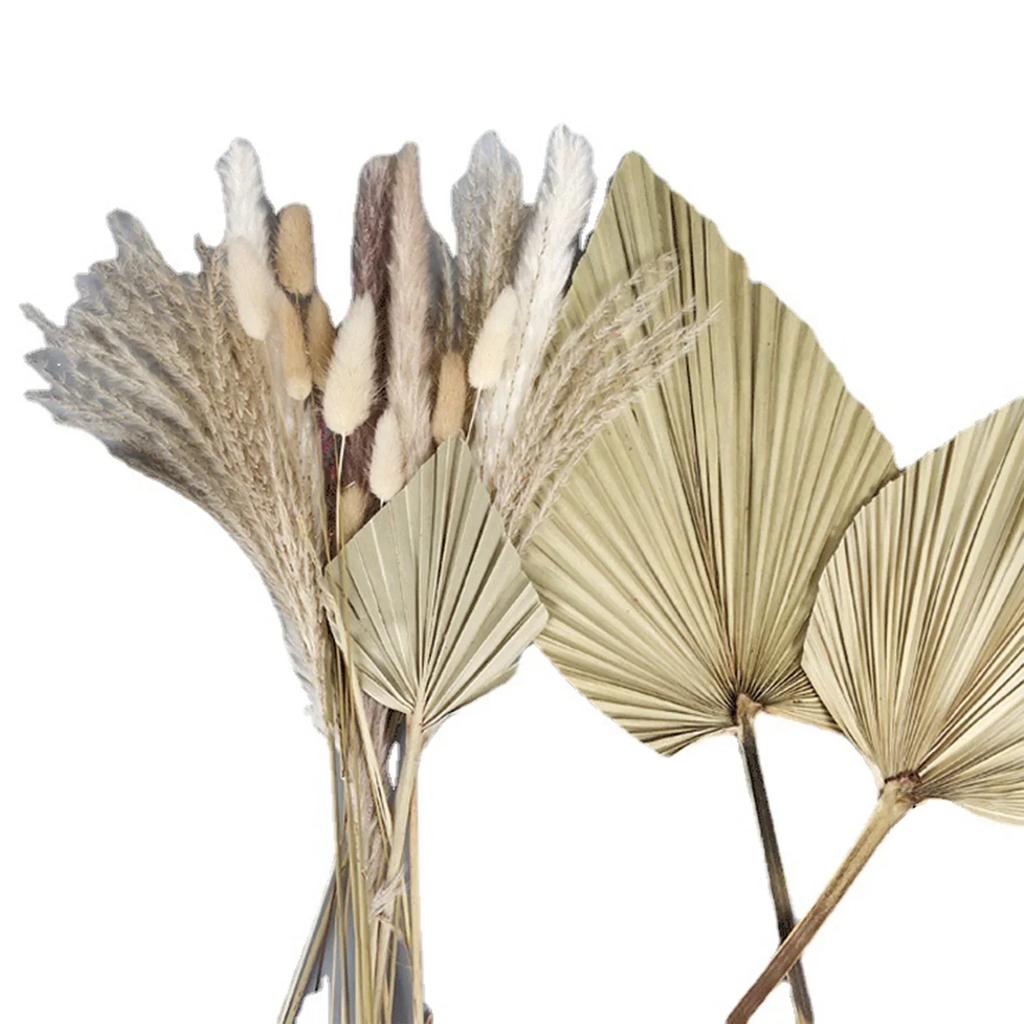 19pcs Simulation Palm Leaf Reed Rabbit Tail Grass Pampas Grass Flower Bundle Bohemian Wedding Home Decor Flowers Bouquet